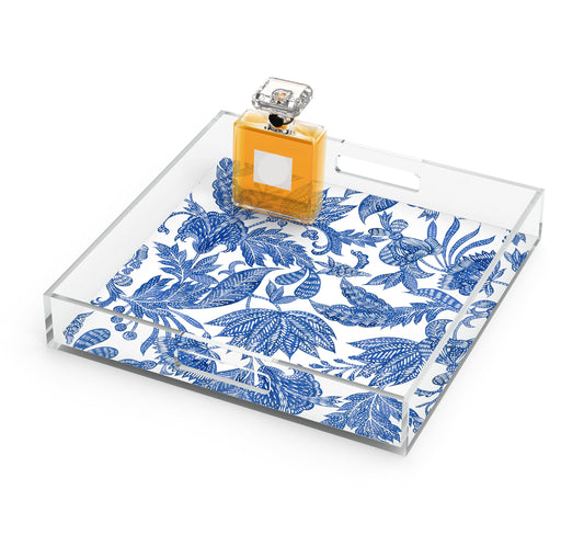 Floral Batik Acrylic Tray, Indigo Blue & White, 12" X 12"