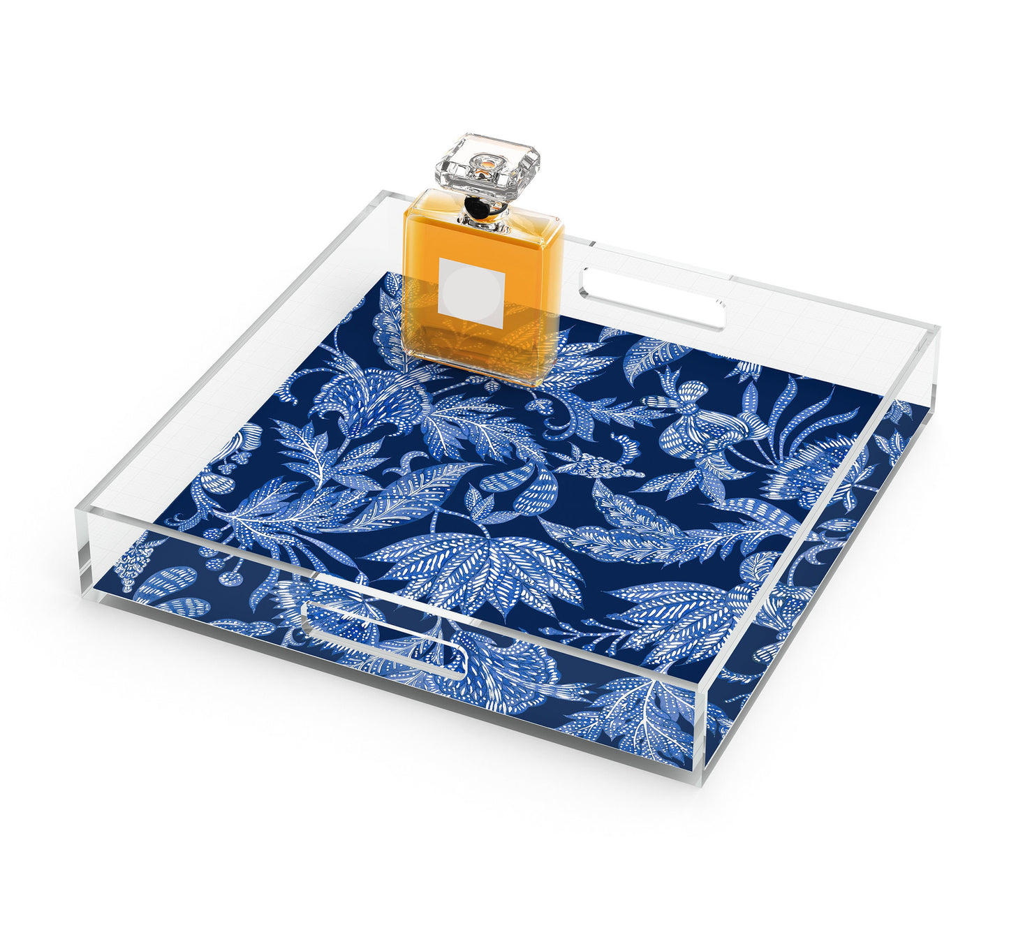 Floral Batik Acrylic Tray, Indigo Blue & Navy, 12" X 12"