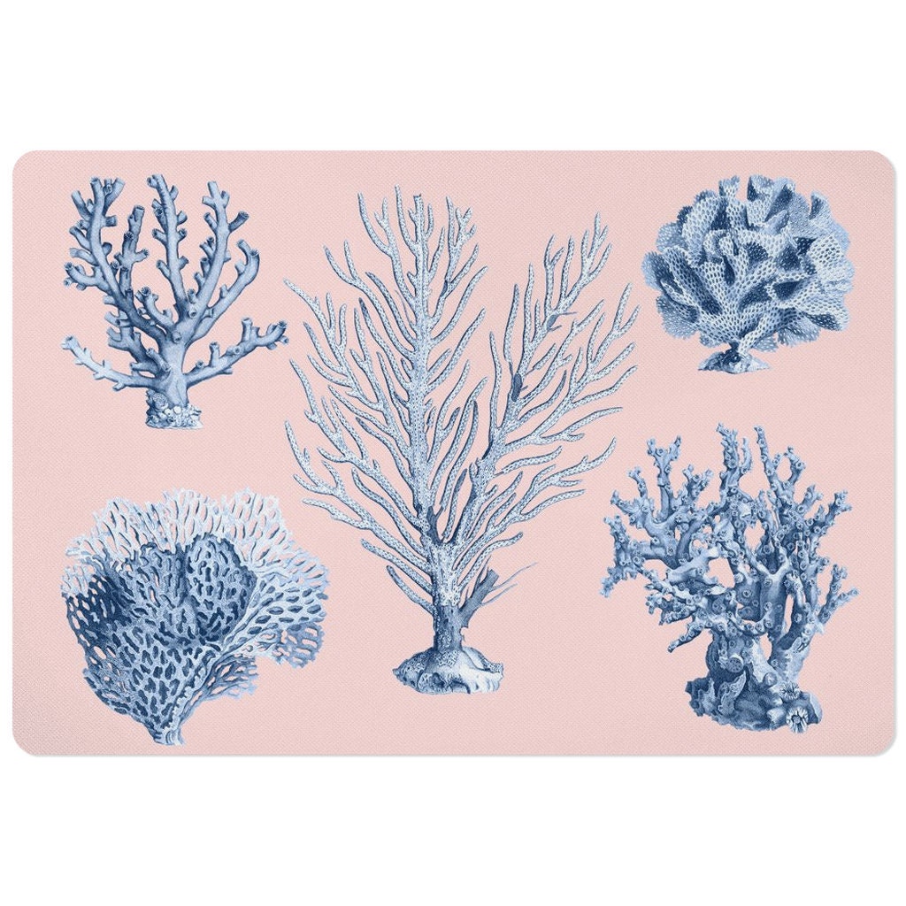 Blush Pink pet food mat with nautical blue sea coral print.