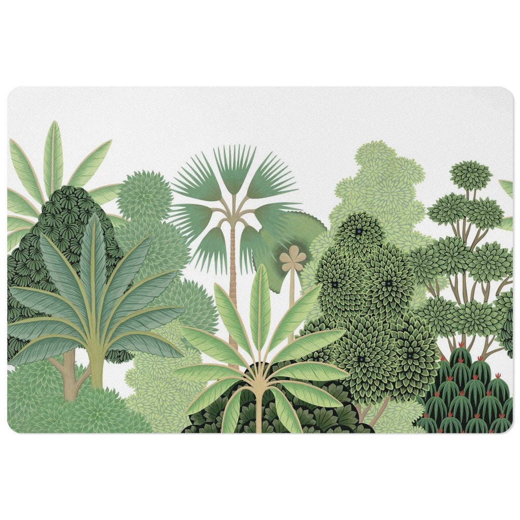 Tropical pet food mat with palm trees in green and white for your stylish home decor.