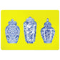 Yellow pet food mat with blue and white chinoiserie ginger jars print.