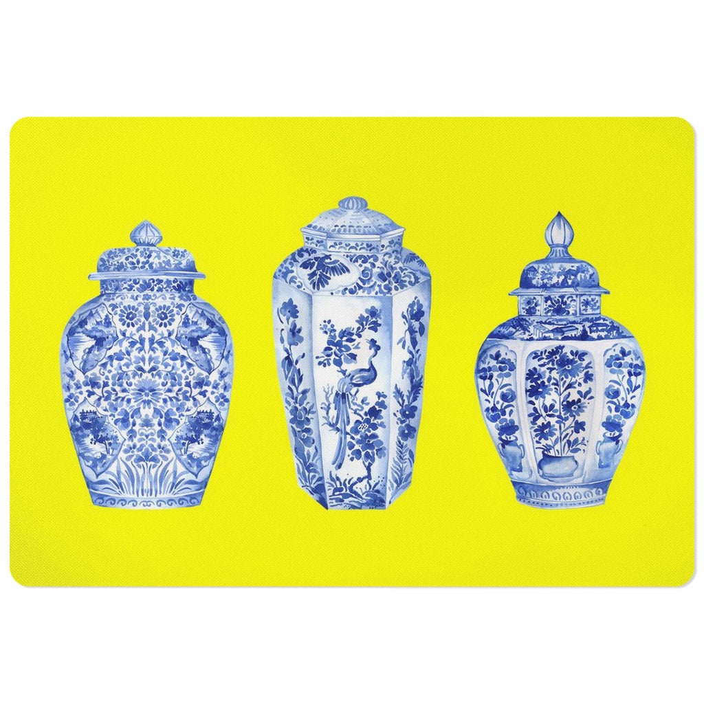Yellow pet food mat with blue and white chinoiserie ginger jars print.