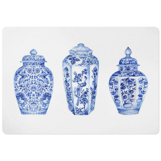 White mat for pet food bowls with blue and white ginger jars chinoiserie print.