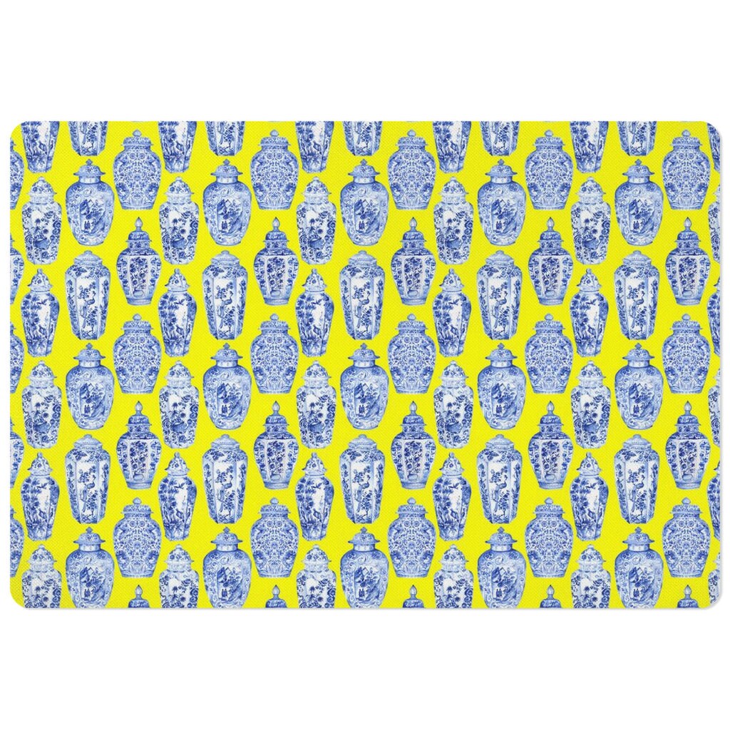 Pet food mat with modern print of blue and white ginger jars on yellow placemat.