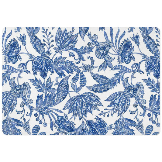 Pet food mat for pet food bowls in modern blue and white floral print.