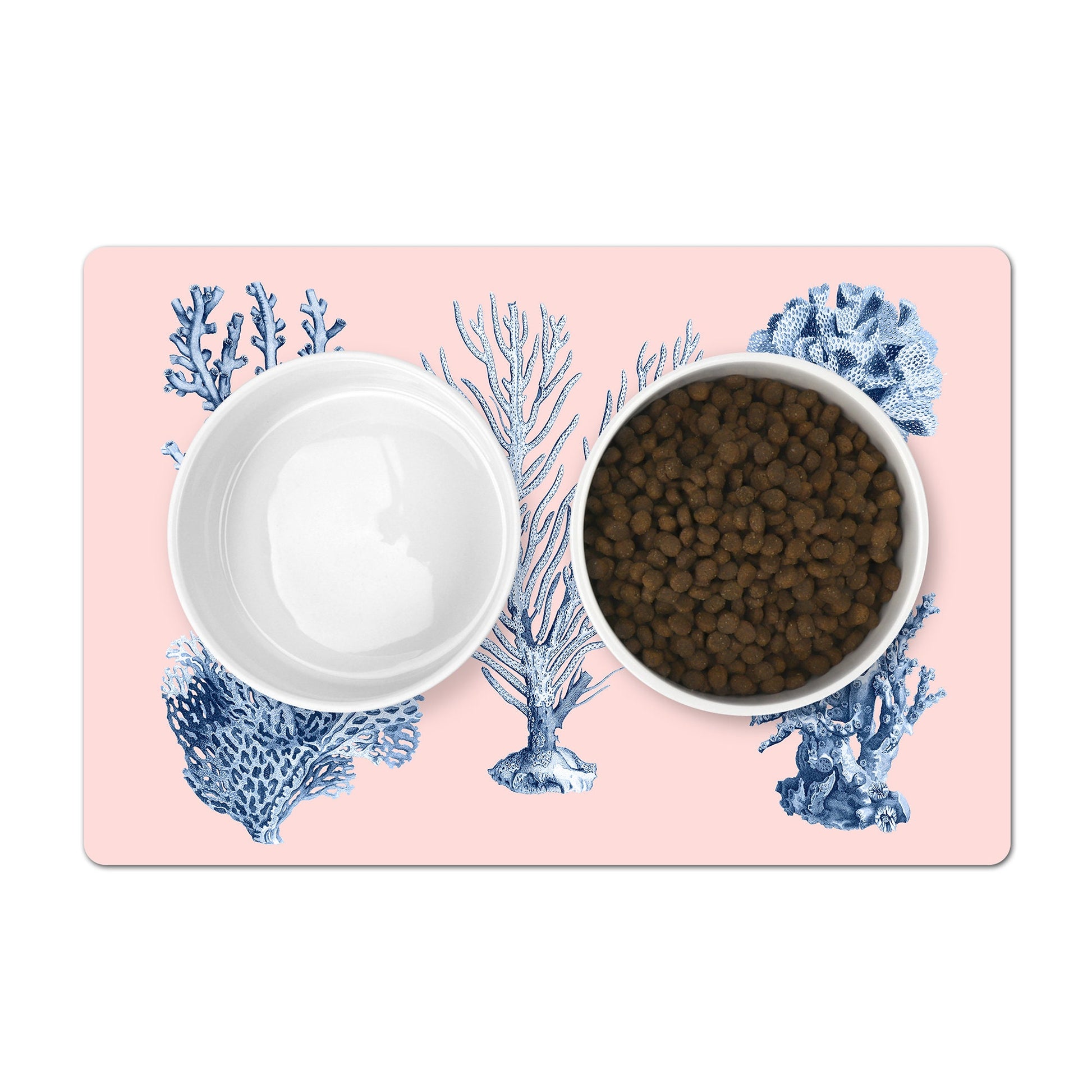 Dog & Cat Bowl Mat in blush pink featuring  blue sea coral print.