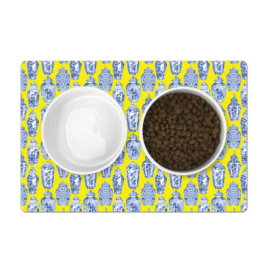 Pet Mat for cat or dog bowls with blue and white ginger jars print on yellow.