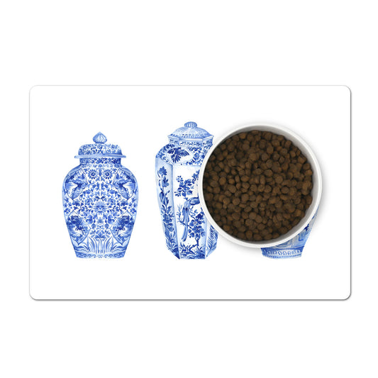 Luxury modern white pet food mat with blue and white ginger jars print.