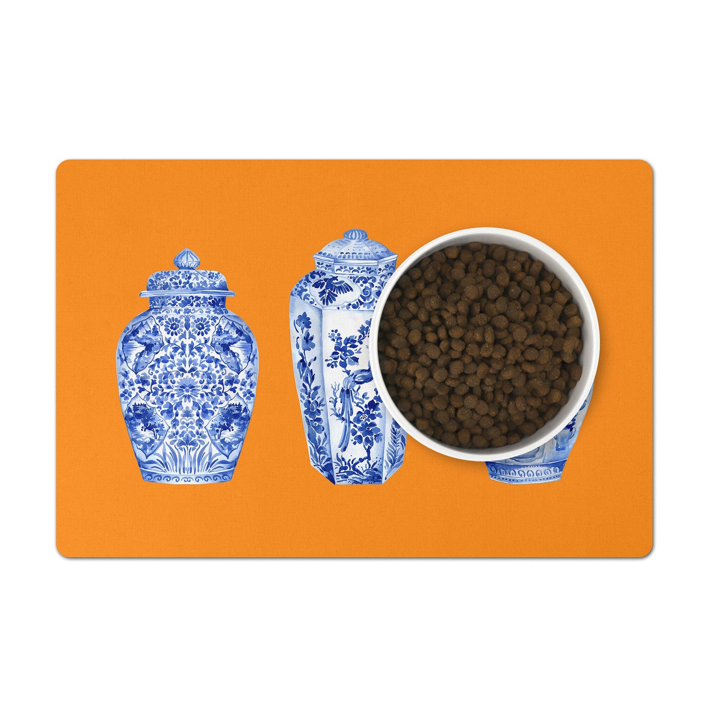 Orange pet food mat with blue and white ginger jars print for food and water bowls.