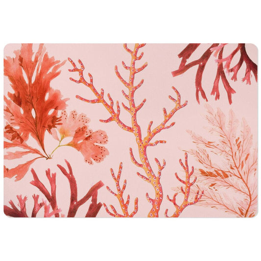 Mat for pet food features sea coral print in pink, orange and red.