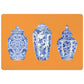 Pet food mat with modern ginger jars print in orange, blue and white.
