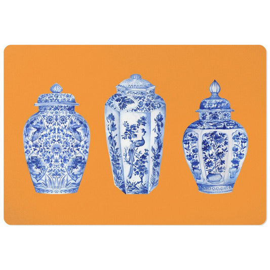 Pet food mat with modern ginger jars print in orange, blue and white.
