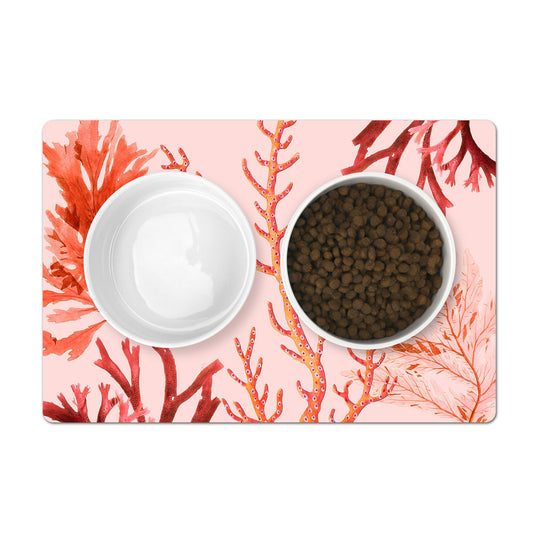 Pet Food Mat with Nautical Pink & Red Sea Coral Print for pet bowls.