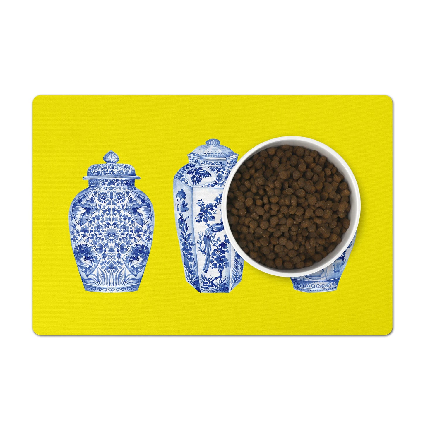 Pet feeding mat for cat or dog bowls in yellow with blue and white ginger jars print.