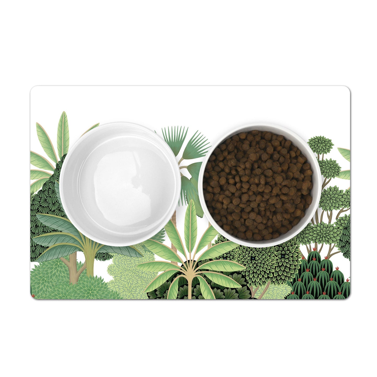 Pet food mat with tropical palm tree print for cat and dog food bowls.