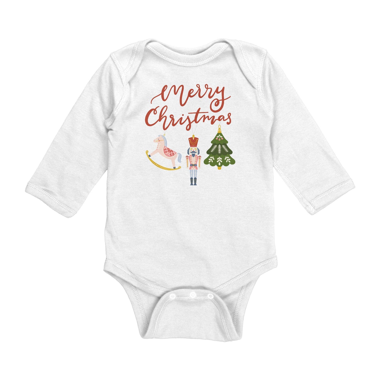 Baby Bodysuit Merry Christmas Shirt, Folk Art Ornaments Print