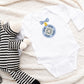 Baby One Piece Christmas Shirt, Blue Folk Art Ornament Print