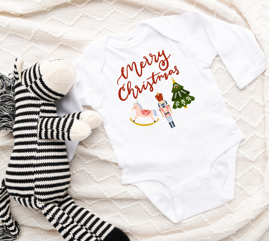 Baby Bodysuit Merry Christmas Shirt, Folk Art Ornaments Print