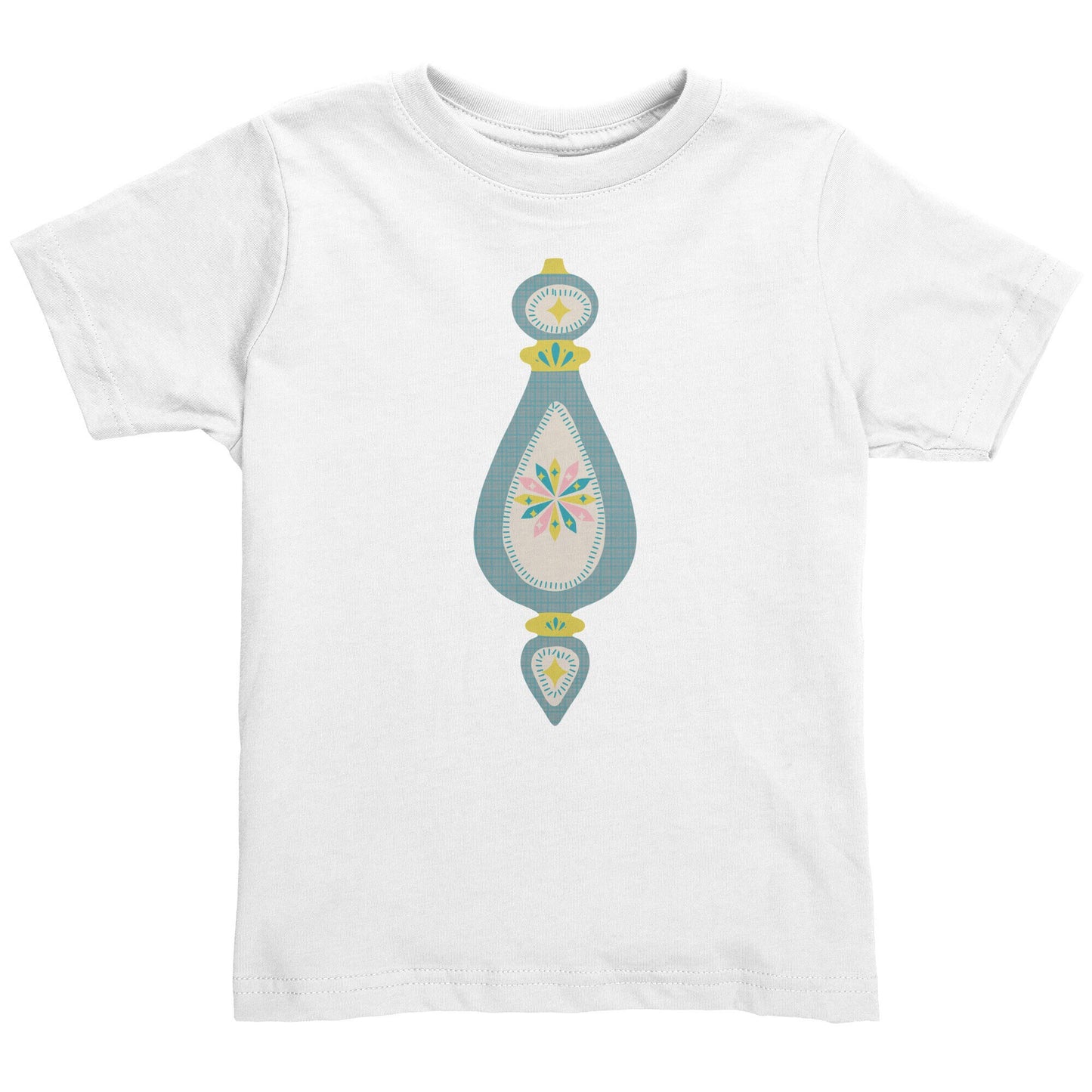 Christmas T-Shirt for Toddler, White with Teal Mid-century Modern Ornament Print