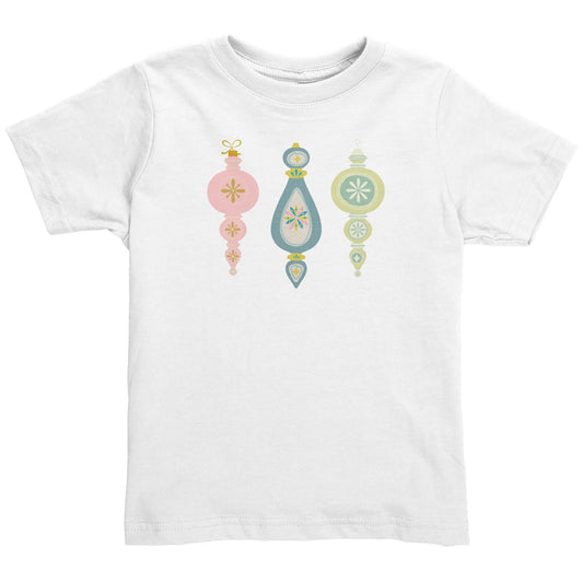 Toddler Tee for Holiday, White with mid-century modern vintage ornament bulbs print
