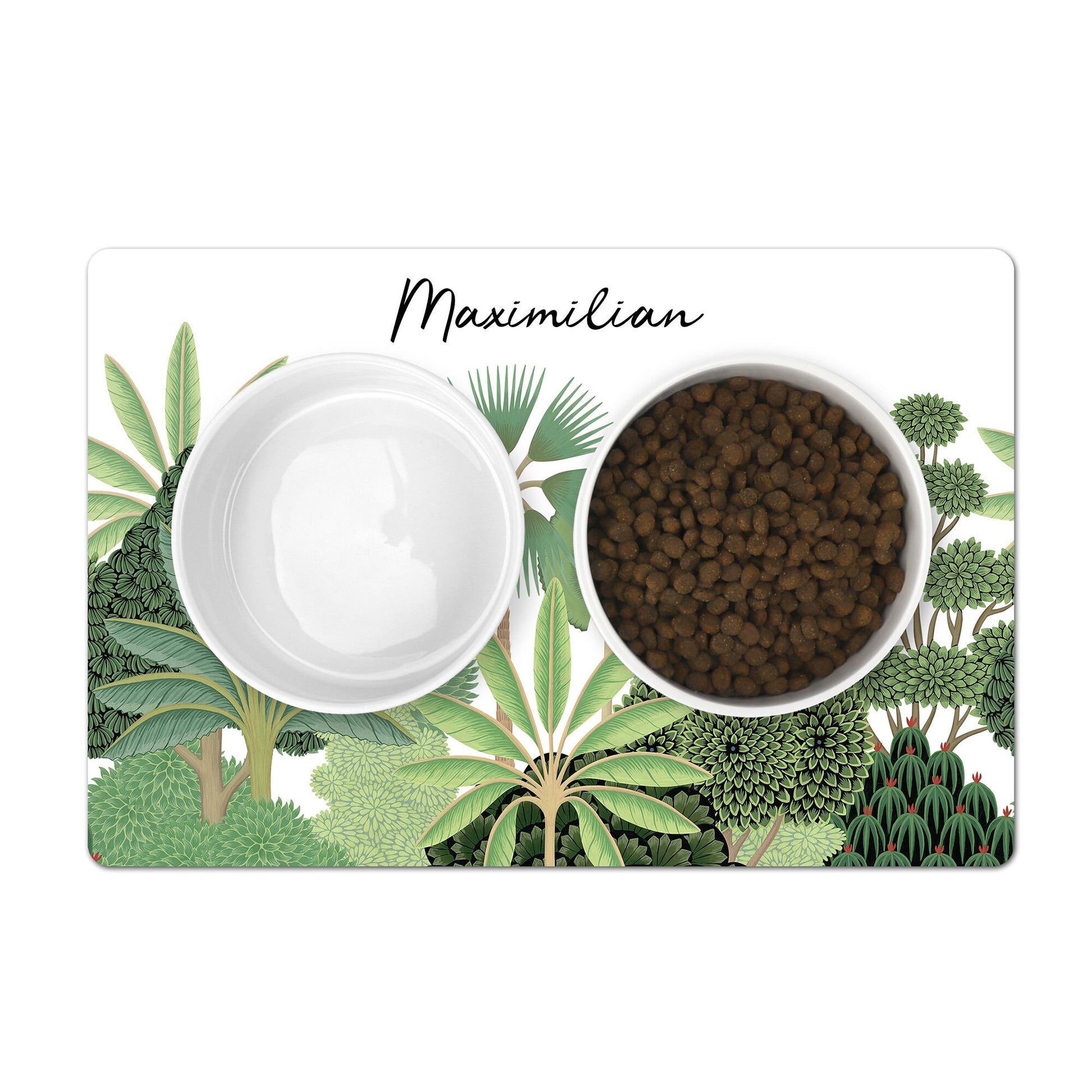 Tropical palm tree pet food mat with personalization.