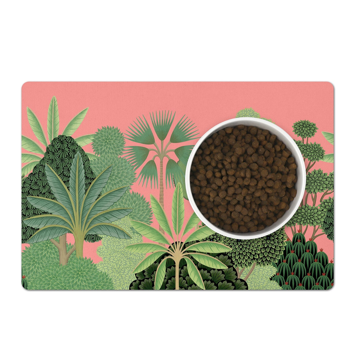 Tropical Pink Pet Food Mat with Palm Tree Print for pet food bowls.