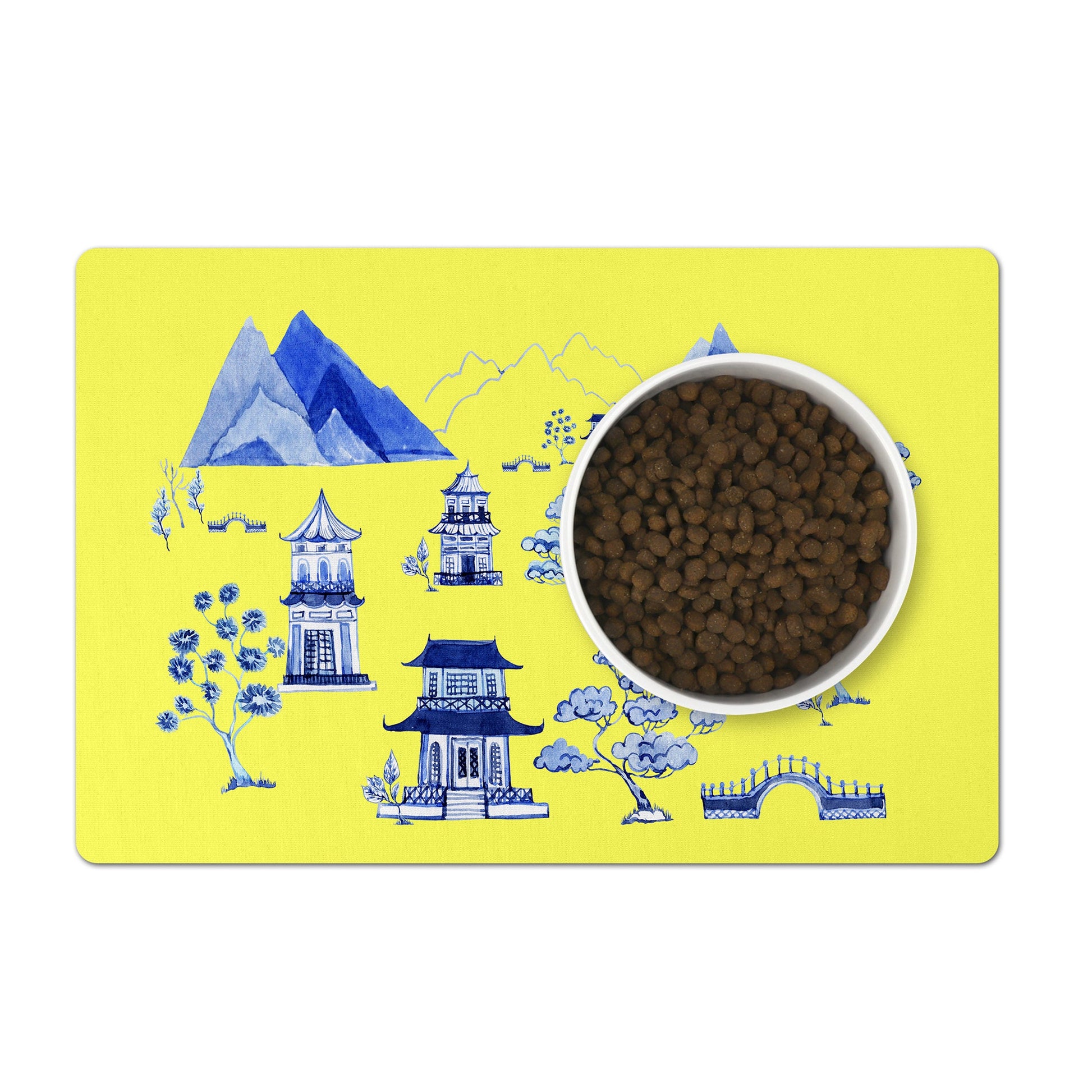 Pet food mat with pagoda print chinoiserie, yellow and blue.