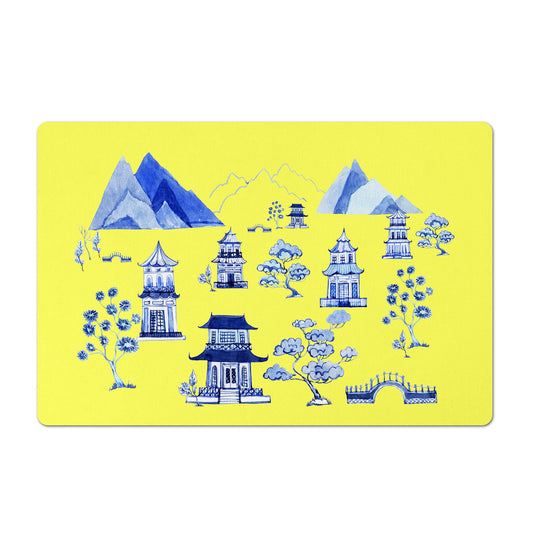 Pet Placemat, Chinoiserie, Pagoda Valley, Blue and Yellow, 12" x 18"
