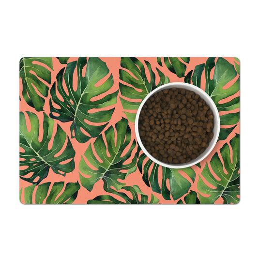 Monstera palm leaves pet food mat, green and coral. Mat for pet food bowls.