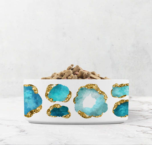 Aquamarine and gold gemstones are printed on white pet bowl. Perfect for water or food for your dog or cat.