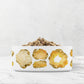 White ceramic pet bowl with yellow Citrine and gold gemstone print for cat or dog