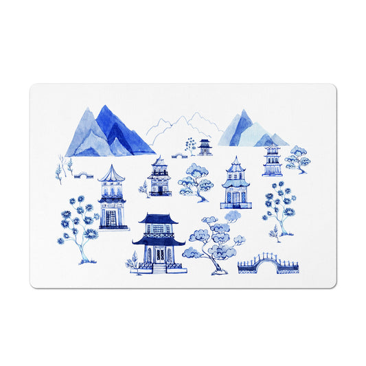 Stylish pet food mat for you cat or dog food bowls in blue and white chinoiserie print.