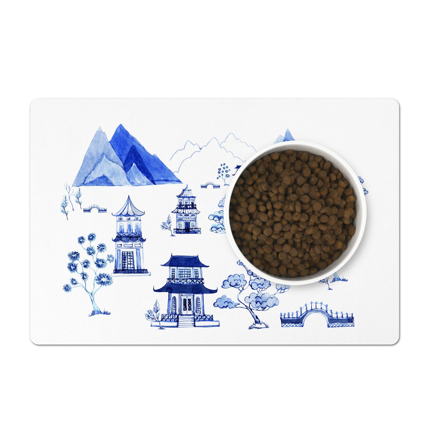 Designer pet food mat in blue and white with pagoda chinoiserie print.