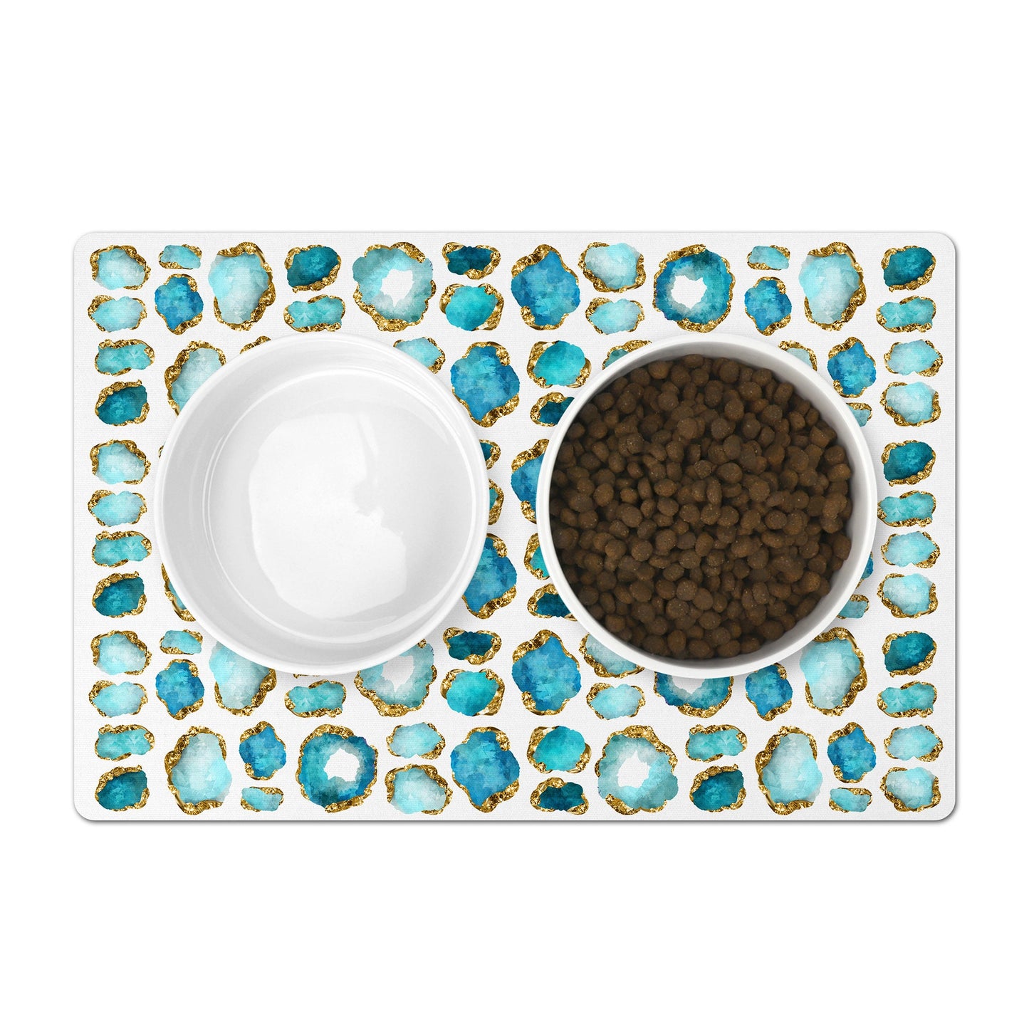 Pet Food Mat with Aquamarine Gemstone Print, Aqua, Gold & White