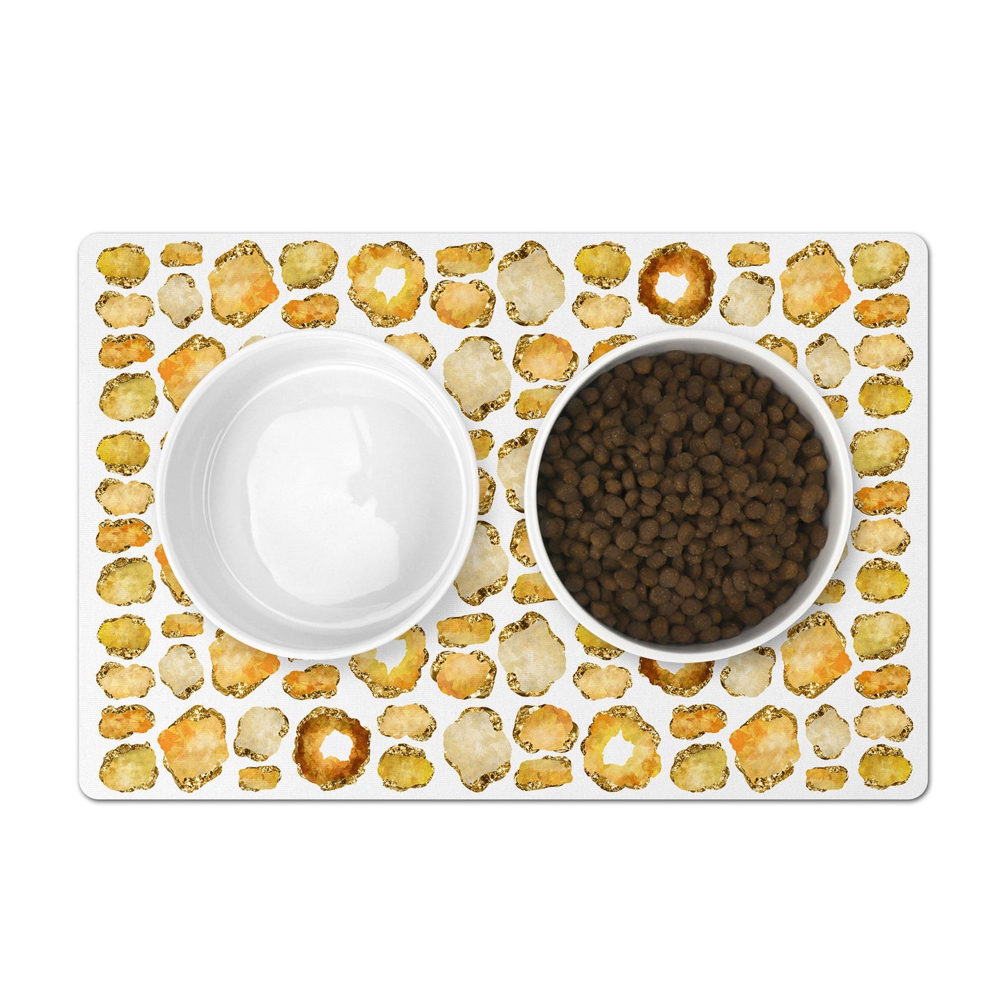 Pet food mat with yellow citrine jewel print for pet bowls.