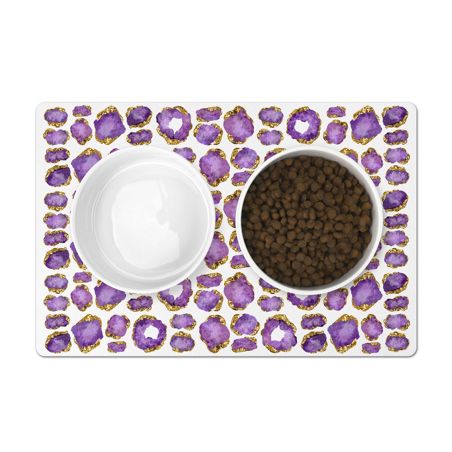 Mat for pet food bowls has purple amethyst jewel print.