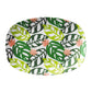 Palm leaf collage serving platter dish with green monstera leaves and coral accents