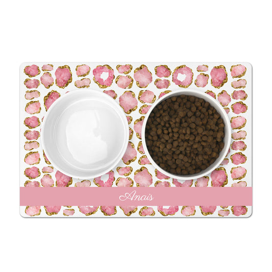 Personalized pet bowl mat has pink and gold printed gemstone jewels. Add any name or word for a unique and custom pet gift.