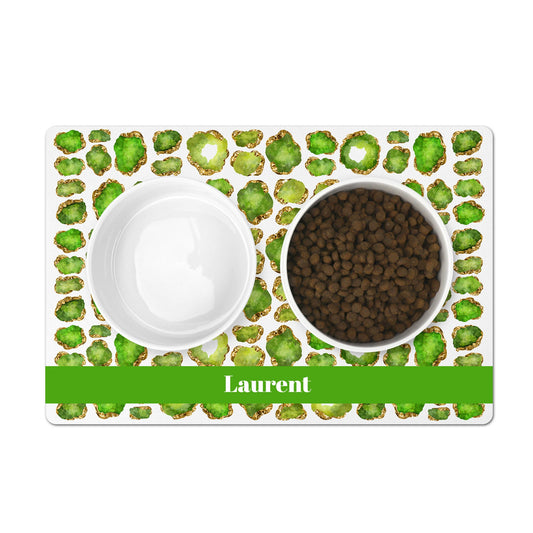 Green peridot personalized pet bowl mat.
