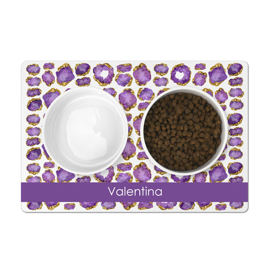 Custom name pet dish mat has beautiful purple and gold gemstones. Add any name or word.