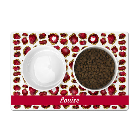 Gorgeous personalized pet bowl mat has ruby red and gold gemstones printed on it. Add any name or word.
