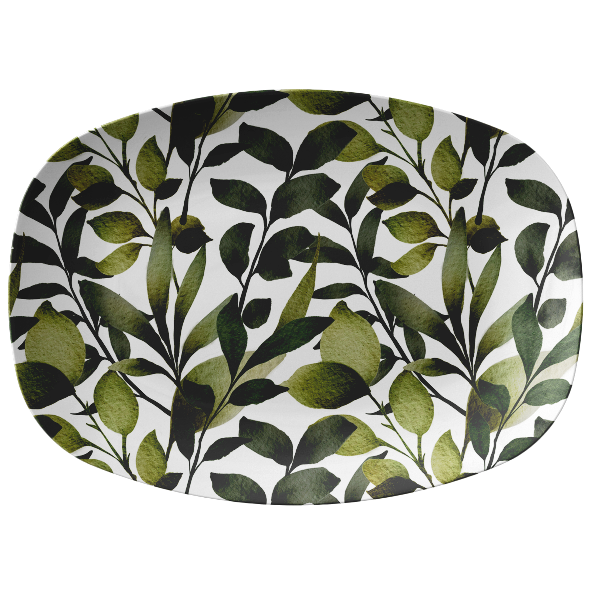 Watercolor leaves serving platter green and white.