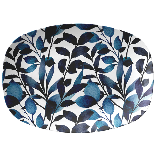 Modern Watercolor Leaves Print Serving Platter, Navy Blue