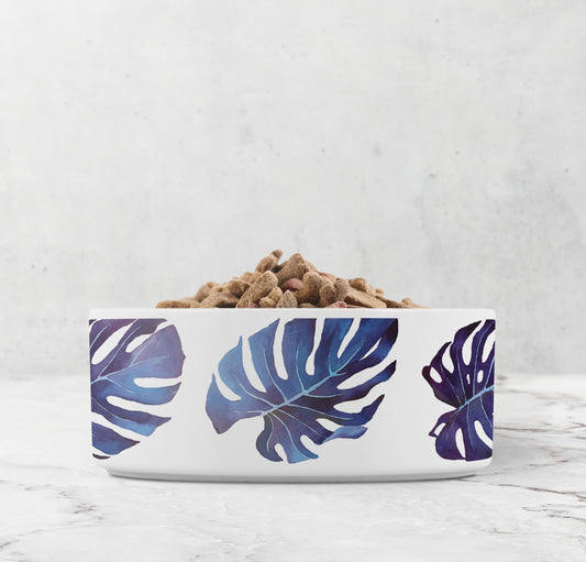 Monstera Leaf Pet Bowl, Ceramic, Indigo Blue and White