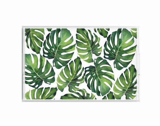 Tropical Monstera Leaf Lucite Acrylic Decorative Tray, 11" x 17"