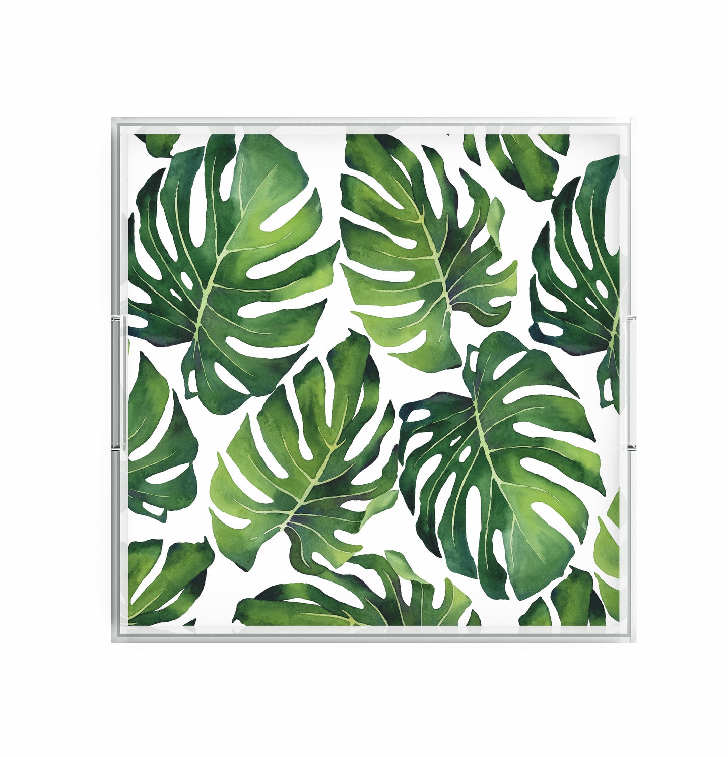 Monstera Tropical Leaf Lucite Tray, Green & White, Three Sizes