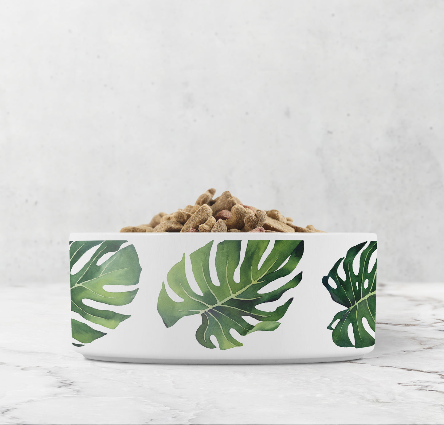 Monstera Leaf Pet Bowl, Ceramic, Green and White