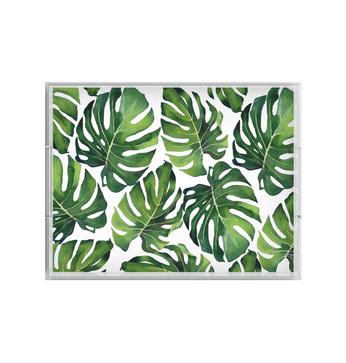 Monstera Tropical Leaf Lucite Tray, Green & White, Three Sizes