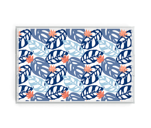 Plastic Poolside Serving Tray with Tropical Monstera Palm Leaf Modern Print, Blue & White