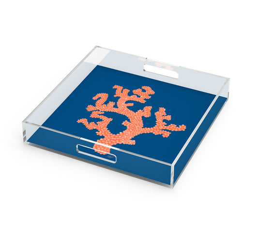 Sea Coral Art Decorative Serving Tray, Orange Coral & Navy Blue, 12" x 12"